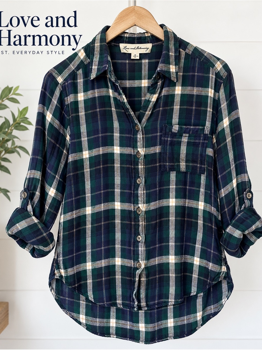 Love and Harmony Plaid Rayon Button Down Shirt M Roll Tab High Low